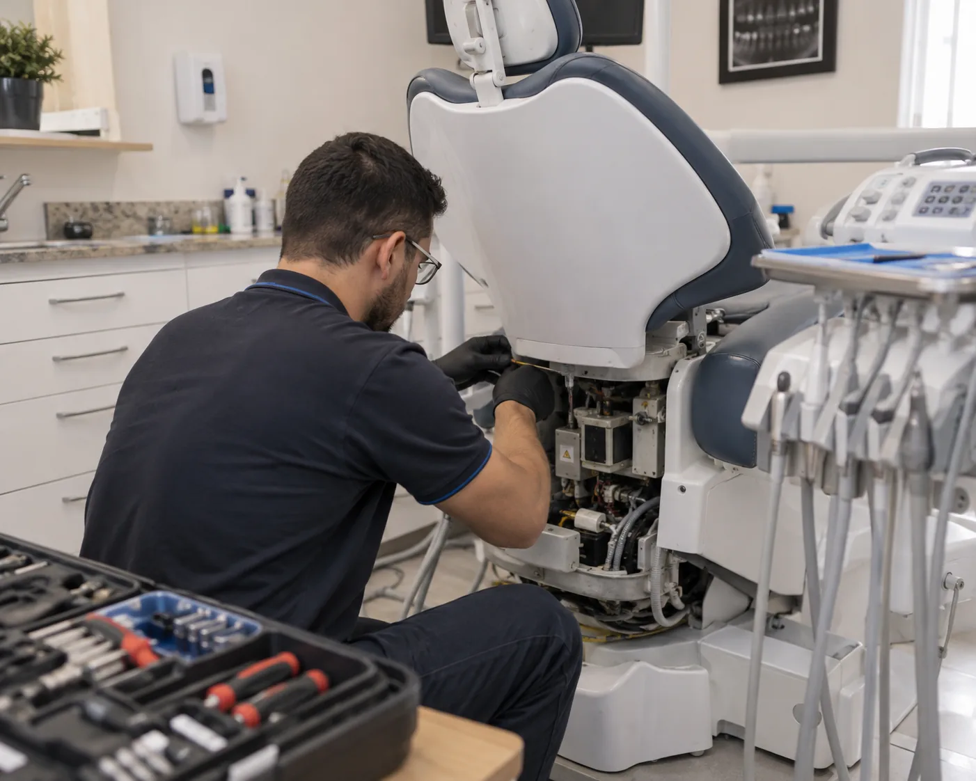 Técnico fazendo manutenção em cadeira odontológica