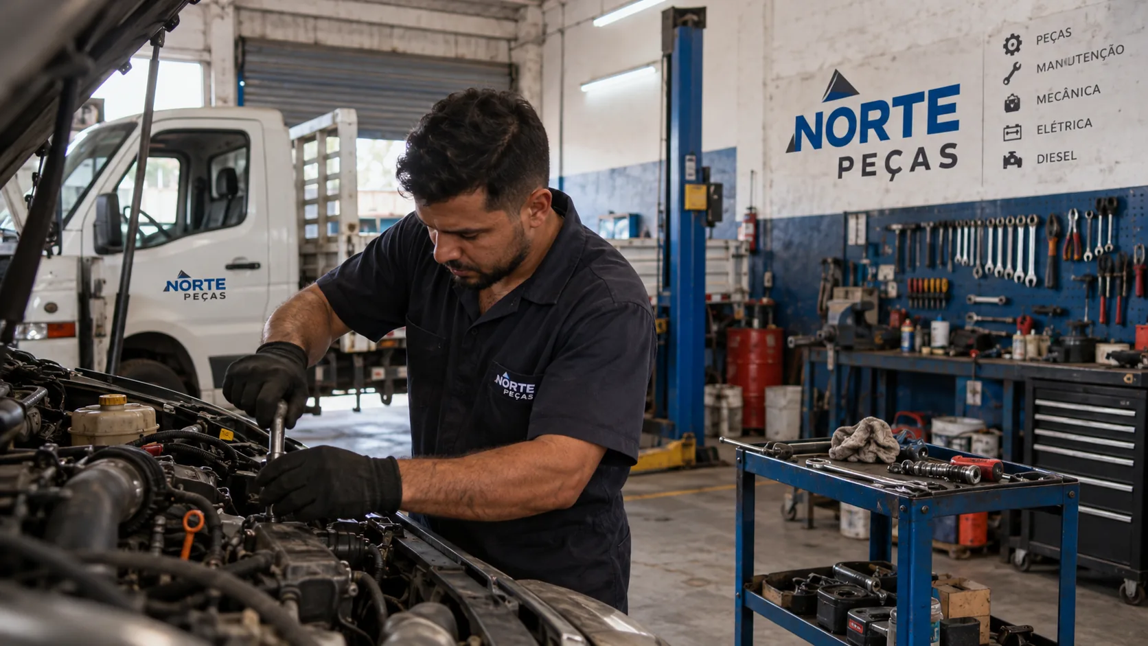 Técnico realizando manutenção em oficina de porte local